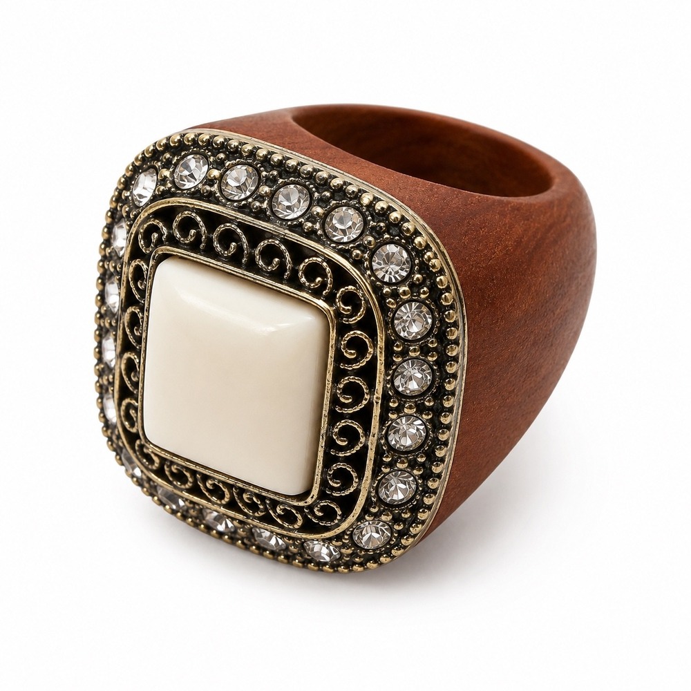 Handmad Boho Wooden Ring Ivory Tone Center Rhinestones Vintage Chunky Cobochon